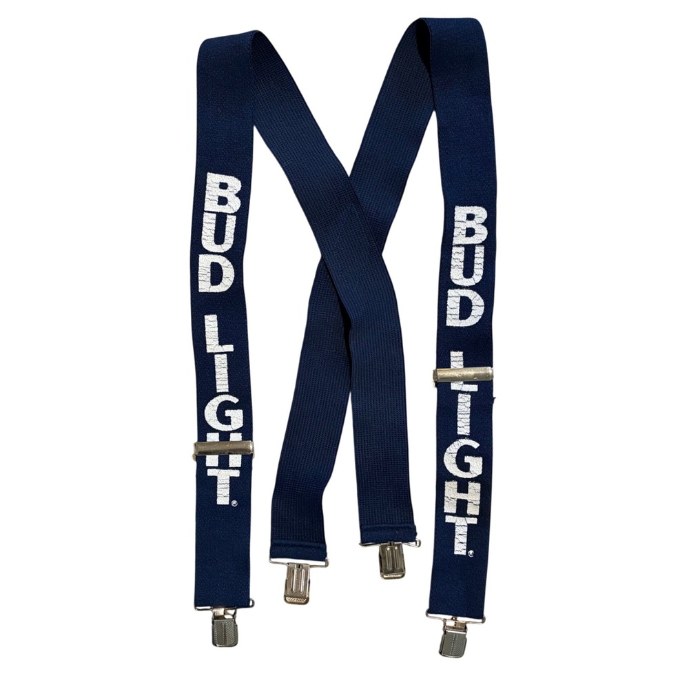 Bud Light Suspenders Mens Navy‎ Blue Vintage Beer Logo Adjustable X-Back 2 Inch